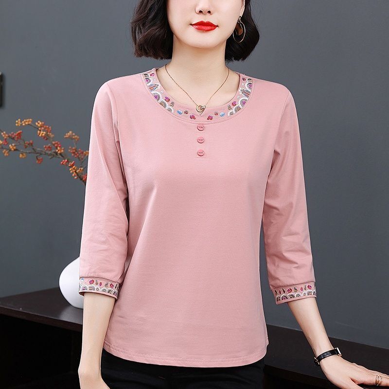 Einfach Lässig Sommer Neu Reine Baumwolle Damen Rundhals Bestickt Knopf Mode Vielseitig 3/4 Ärmel Locker T-Shirts Oberteile