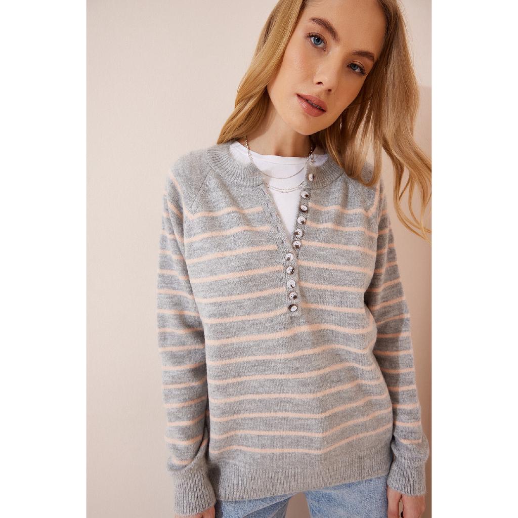 Gestreifter Strickpullover mit Knopfkragen in Knochenschwarz für Damen Lx00040