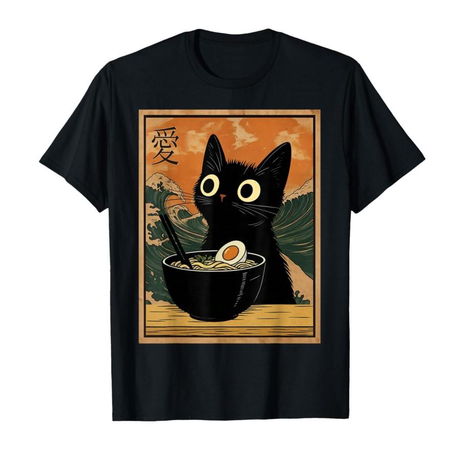

Kawaii Cat Eating Ramen Noodles Funny Anime T shirt for Men Women Japan Style Streetwear Tops 100 Cotton TShirt 09254 S