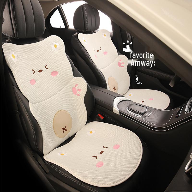 Universal Car Seat Cushion - Cute Cartoon Bear Design for Leapmotor C10/B01/B10/C11, Cotton Linen Fabric for All Seasons