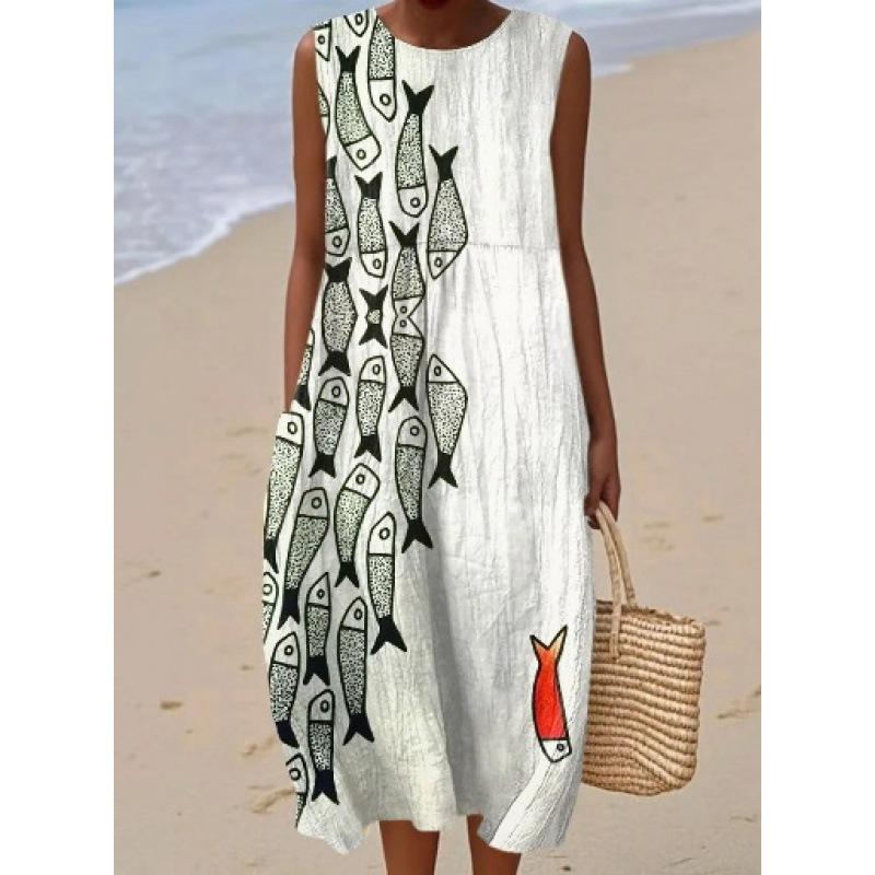 Summer new sleeveless pocket casual printing temperament long dress dress slim dress