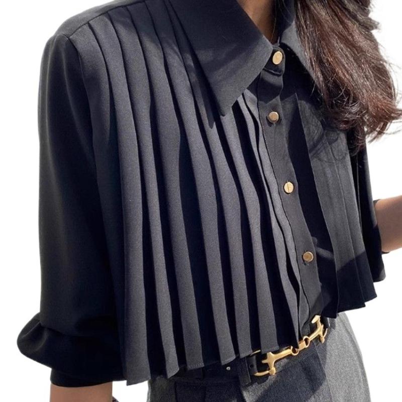 Ladies' Pleated Shirt Loose Turndown Collar Single Breasted Button Solid Color Ladies Shirts Spring Fashionable Versatile Famale Top