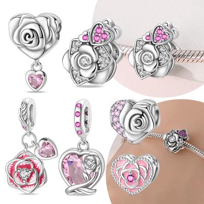 Copper Colors Valentine'S Day Pink Rose Charms Love Heart Beads Fit Original Bracelet Diy Fine Jewelry Gift For Women