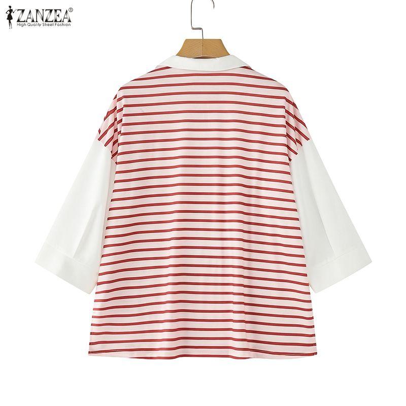 ZANZEA Women Turn Down Collar Casual Stripe Splice 3/4 Sleeve T-shirts Blouse