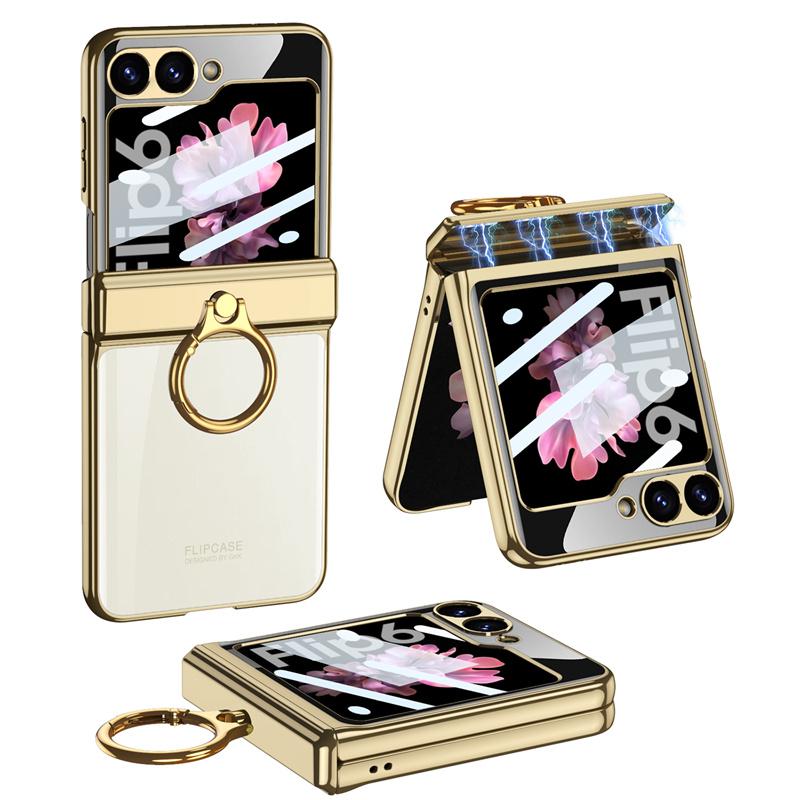 

Highend Luxury Quality Magnetic Hinge Ring Holder Case For Samsung Galaxy Z Flip 6 5 4 5G Transparent Plating Acrylic Screen Protector Cover For Galaxy Z Flip 6