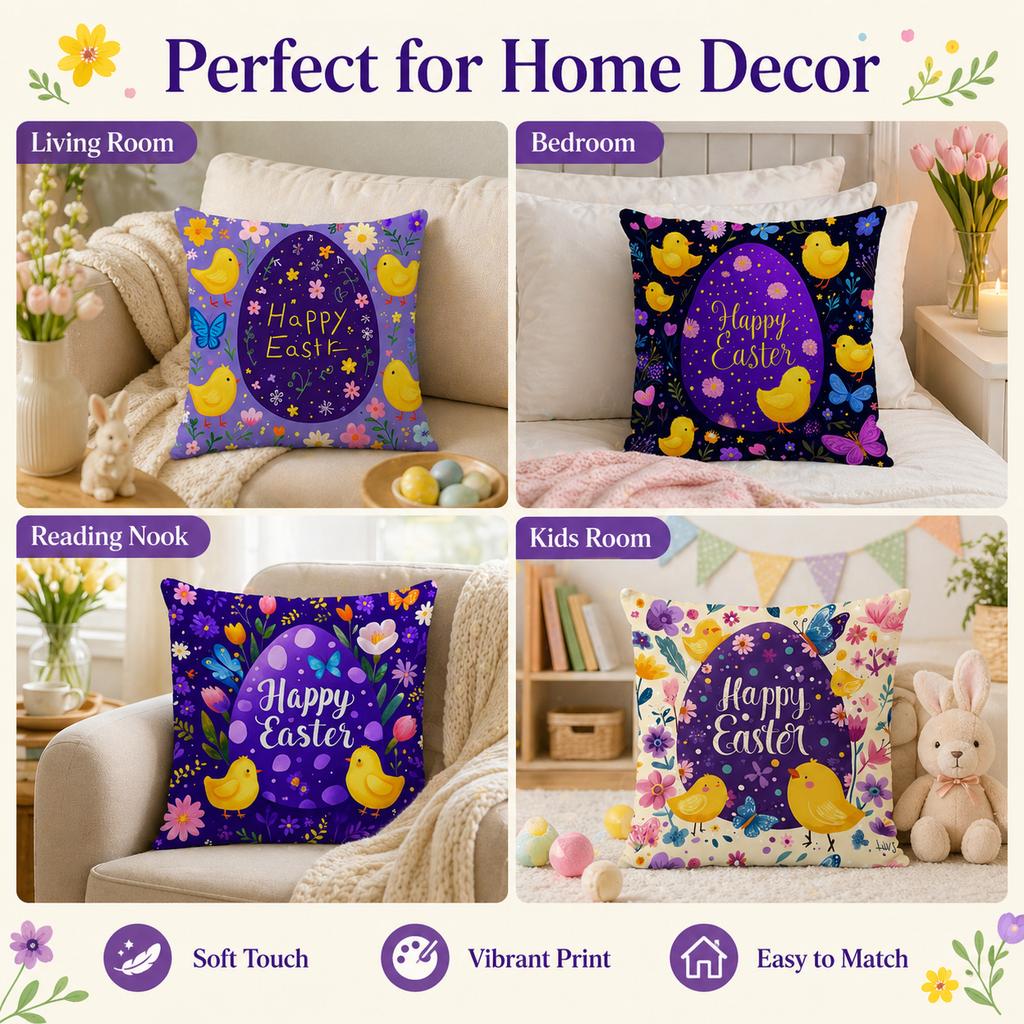 Happy Easter Egg Chick Floral Pillow Cover 2D Printed Peach Skin Cushion Case For Sofa Living Room Spring Decor 45X45