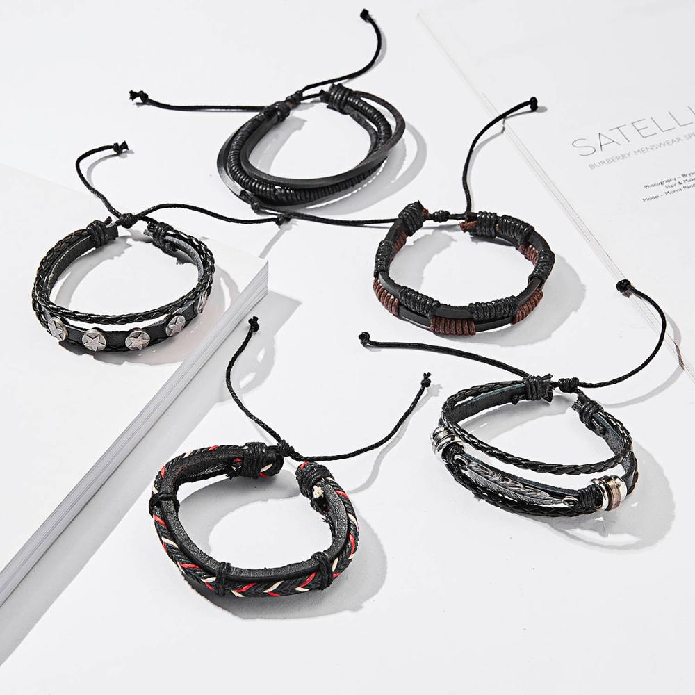 Vintage Multilayer Braided Leather Bracelet For Men Star Leaf Owl Handmade Rope Wrap Bangle Male Gift Jewelry