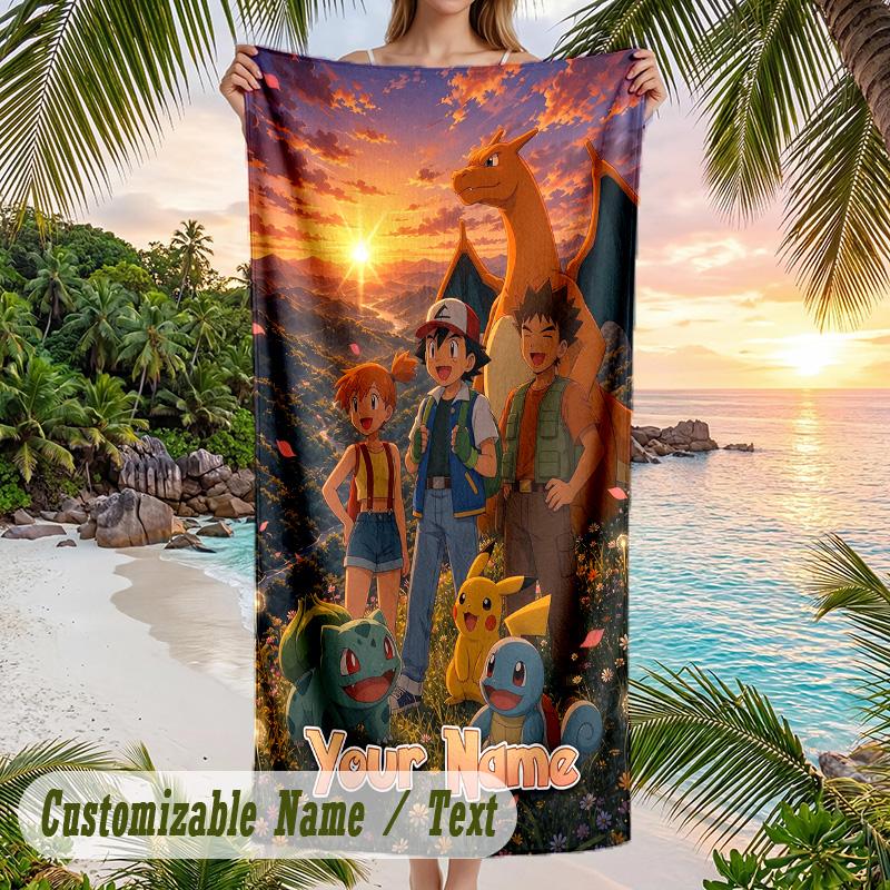 Pokémon Beach Towel, Personalized Custom Name Text, Quick Dry Large Absorbent Towel For Beach Pool