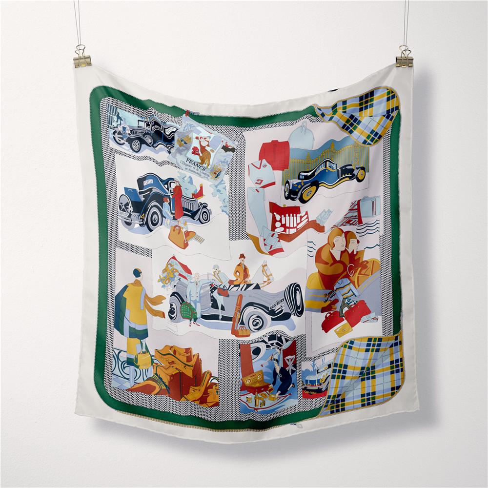 Silk Scarf Women France Car Print Square Scarves Wraps Bandana Small Hijab Foulards Lady Tie Headband Neckerchief