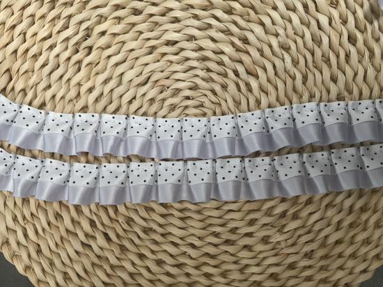 2.5cm Double-Sided Black Polka Dot Satin Ribbon with Double Layer Pleated Lace for DIY Doll Dress Hem Accessories