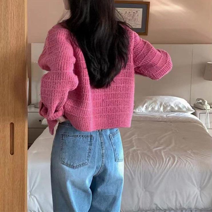 WTEMPO Einfarbige Langarm-O-Ausschnitt-Knopfstrickjacken Damen Frühling Herbst Winter Lässig Locker Elegant Pullovermäntel