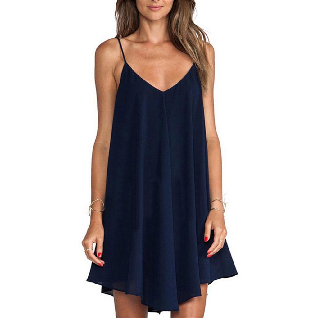 Dámské jaro léto jednobarevné šifonové šaty bez rukávů s výstřihem do V Sexy slingové šaty