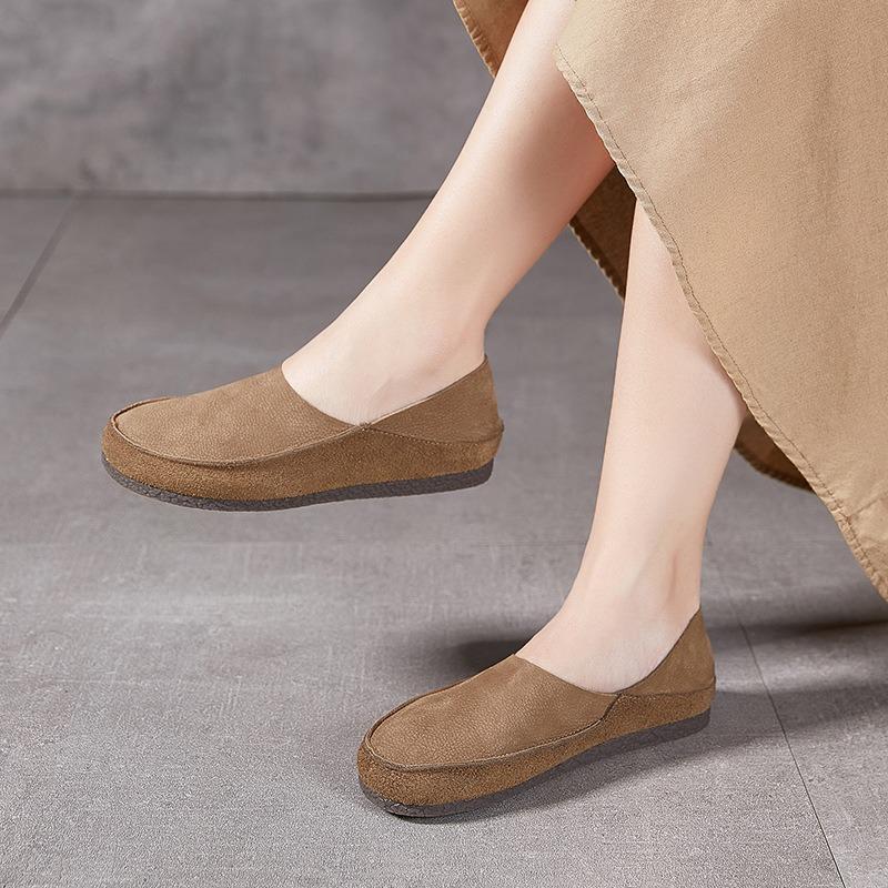 Frühling und Sommer neue Leder-Single-Schuhe Damen weiche Sohle Retro runde Spitze dicke Rindsleder Ein-Pedal-Fahren faule Schuhe