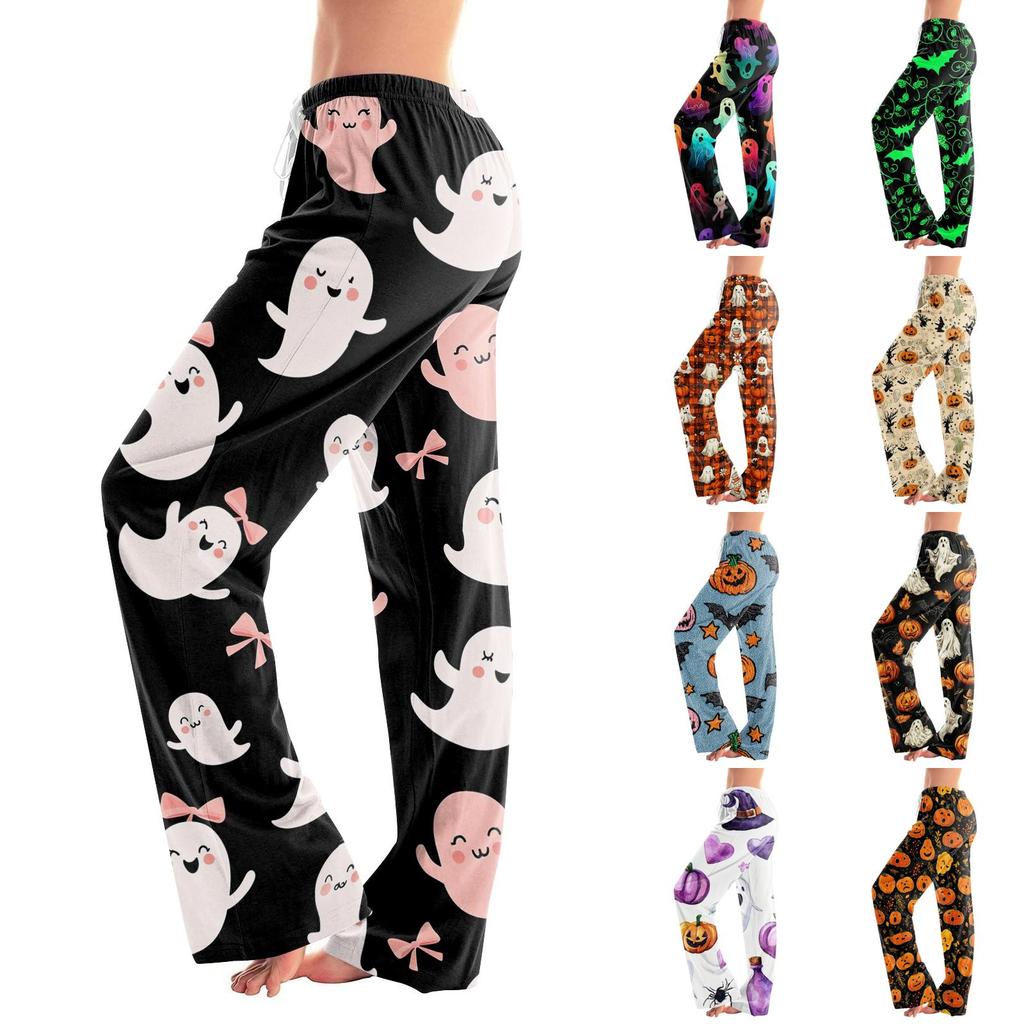 Damen Halloween Print Kordelzug Hose Lässige Lounge Hose Elastische Taille Entspannte Passform Volle Länge Weicher Stoff