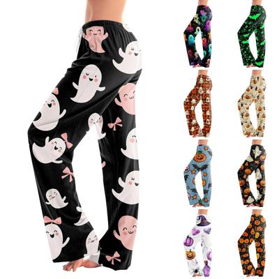Women Halloween Print Drawstring Pants Casual Lounge Trousers Elastic Waist Relaxed Fit Full Length Soft Fabric