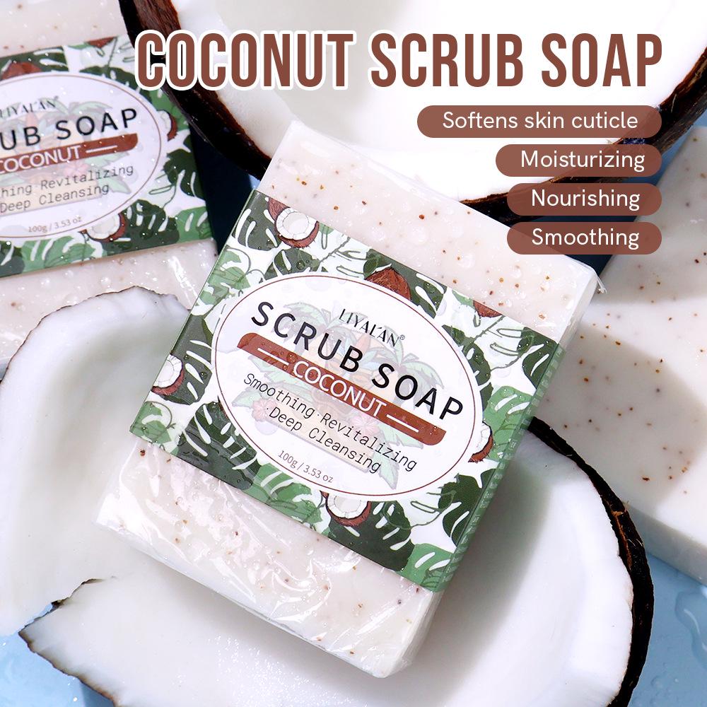 Savon Exfoliant à la Noix de Coco: 3.53oz Nettoyage Profond, Adoucit les Cuticules & la Peau Sensible, Savon Artisanal aux Huiles Essentielles