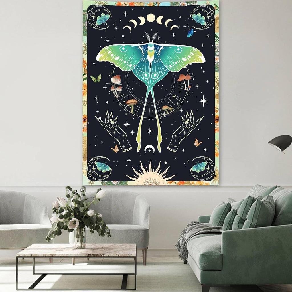 Mystical Luna Moth Tapestry, Green Moon Moth With Lunar Phases,Mushrooms And Witchy Hands Print Wall Hanging For Bedroom Living