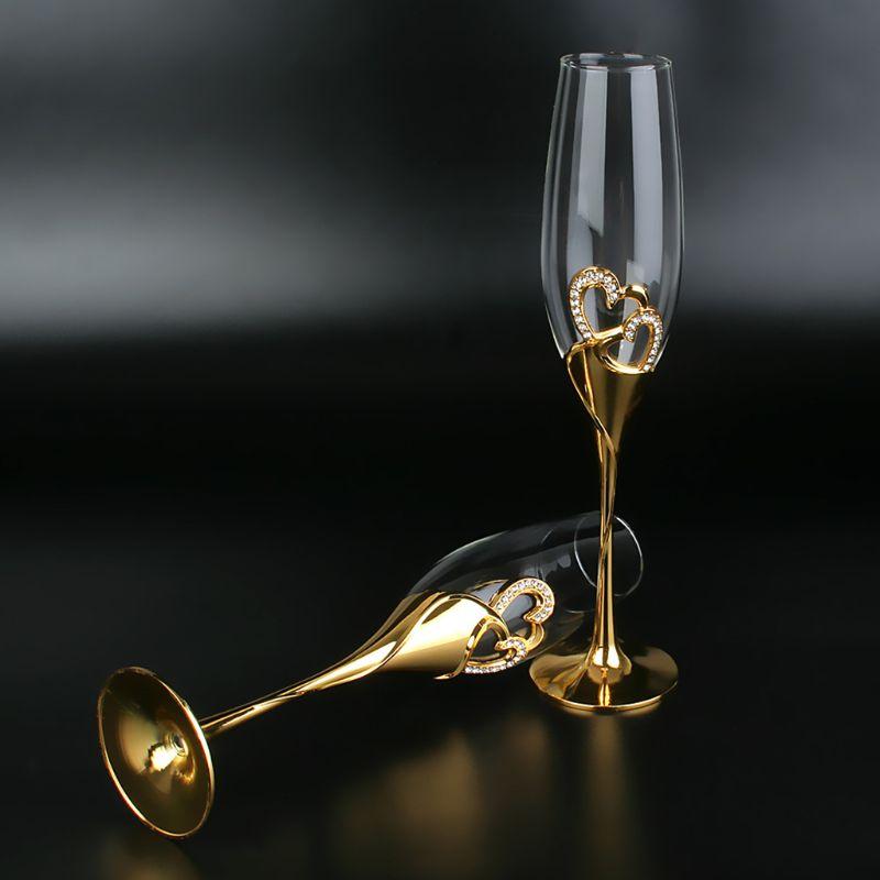 Copas de Vino para Boda Hechas a Mano Flautas para Brindar Novios Accesorios de Boda Regalo de San Valentín(Corazones Dorados, Juego de 2)
