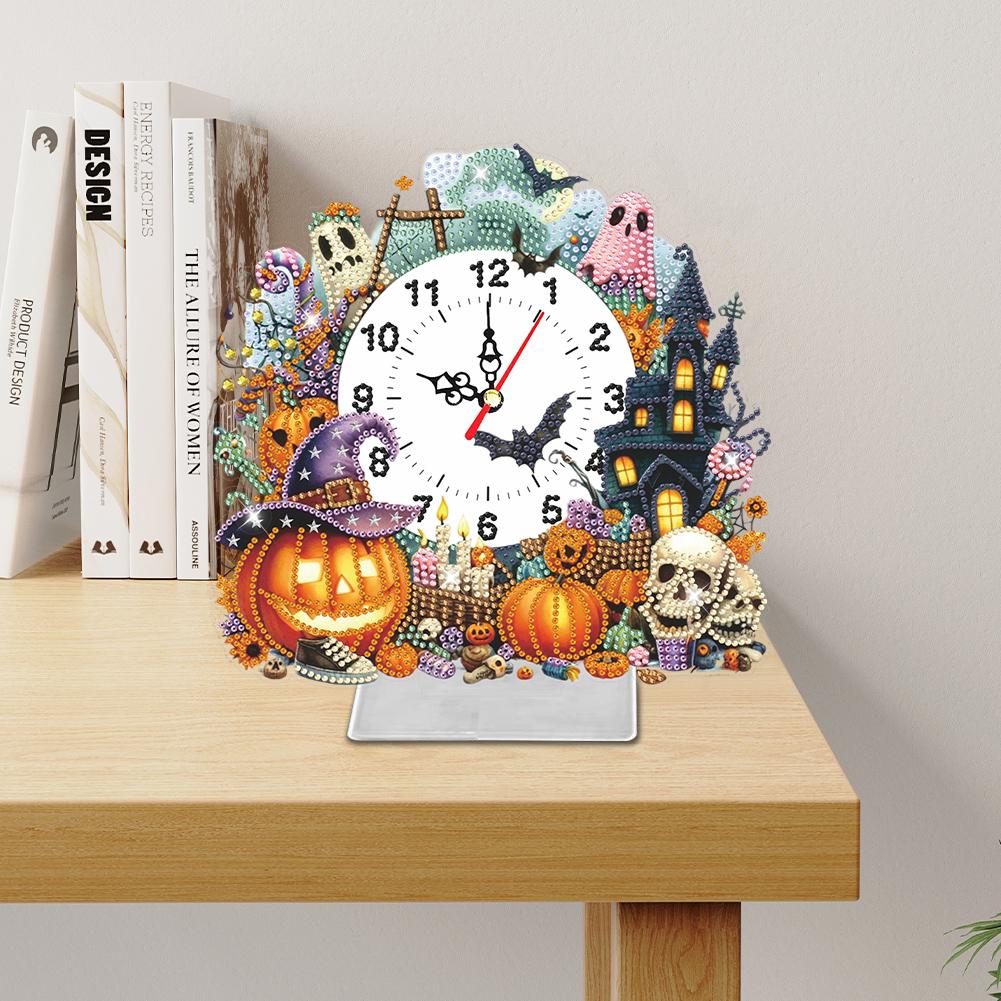 Halloween 2D Flat Acrylic DIY Diamond Painting Clock Kit Diamond Painting Clock Tabletop Decor for Room Decor