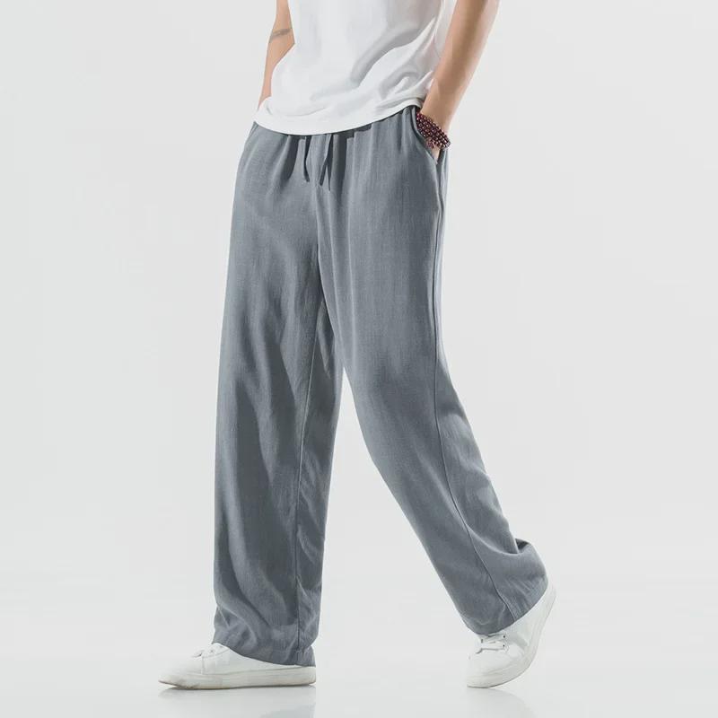 Men's White Linen Wide-Leg Casual Pants for Spring and Autumn
