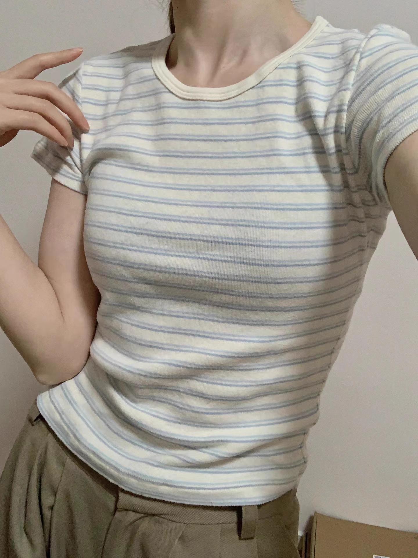 

Женская летняя хлопковая футболка в синюю полоску с прямым плечом и короткими рукавами - Модный милый дизайн XXL