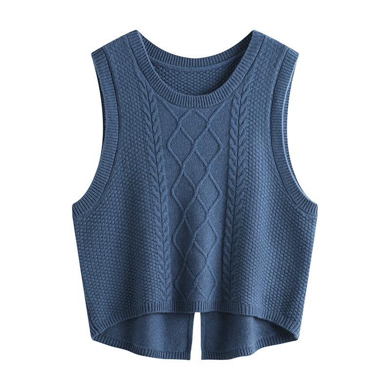2023 Round Neck Wool Chunky Knit Sleeveless Cropped Cardigan Vest