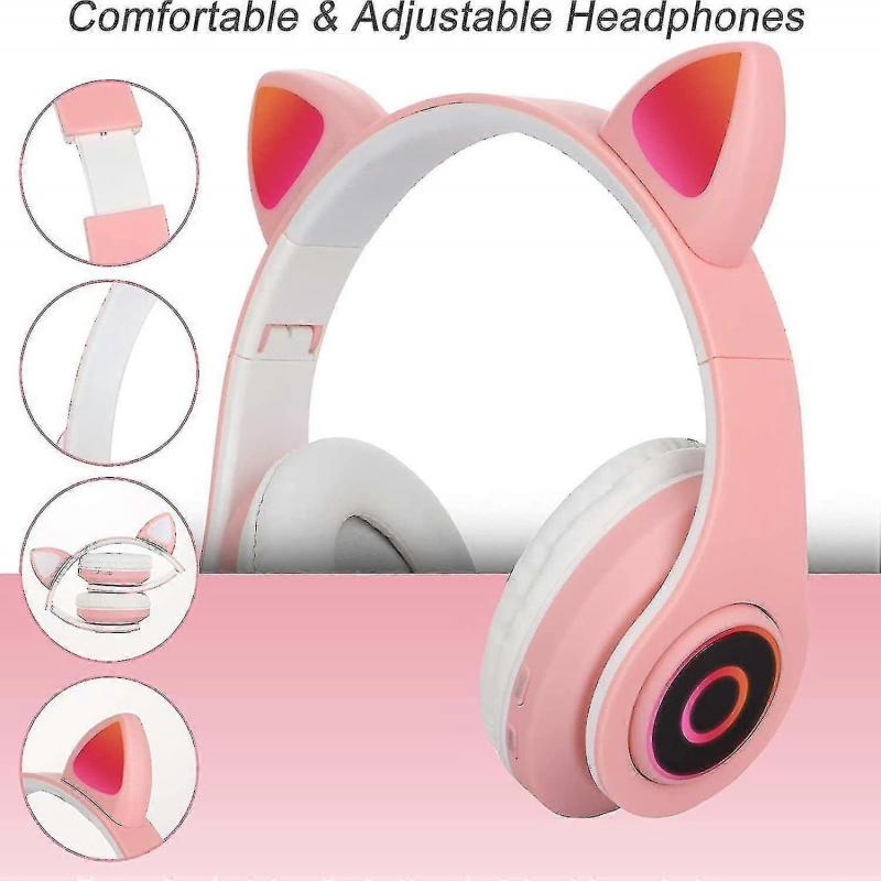 Bluetooth Over-ear Headphones Pink Girl Cat Ear Headphones Led Light Foldable Stereo Wireless Headphones Headset Compatible  Kids Telescopic Noise Can