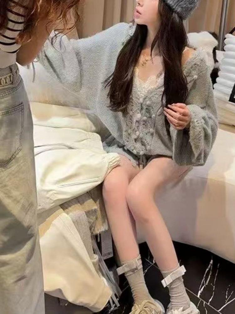 Korean Openwork Crochet Pompom V-Neck Knit Cardigan: Early Autumn Loose Drawstring Sweater