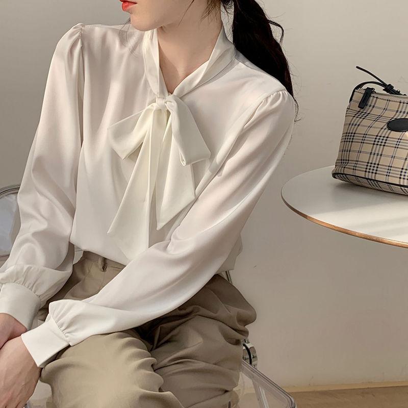 Schicke weiße Langarmbluse Damen Herbst Frühling Bürohemd Schleife Professionell Elegant Chiffon-Top Hohe Qualität
