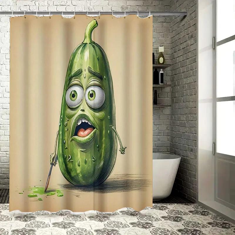 Artistic Green Pickle Shower Curtain with Painting Brush for Bathroom Decor Yellow Backdrop Waterproof Fabric Home Accessory