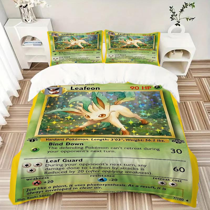 Leafon Pokemon Card Print 3Pcs Bedding Set,Duvet Cover with 2 Bedro,Pillowcase Home Birthday Gift