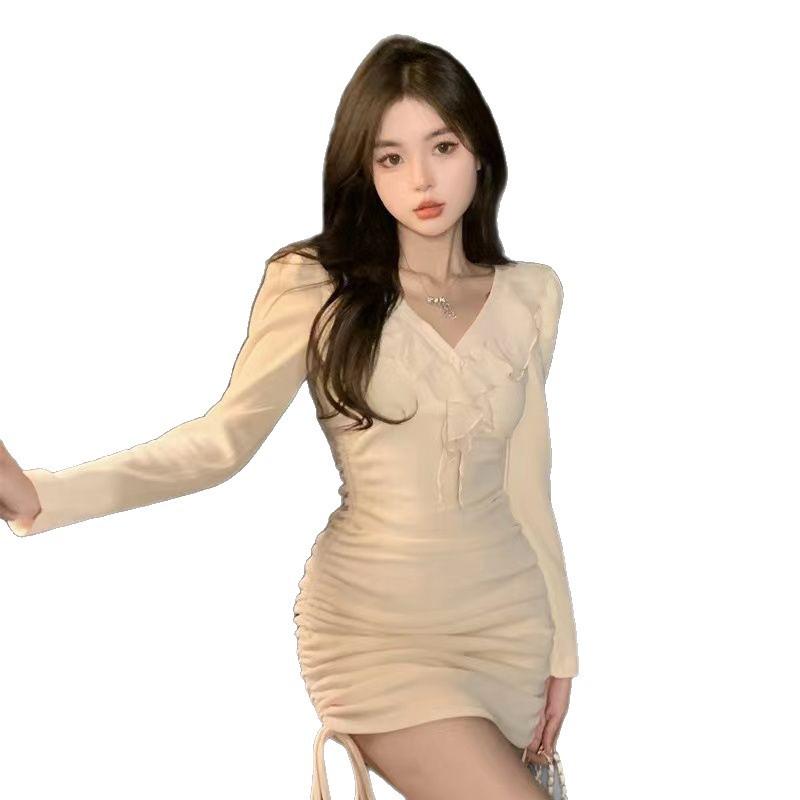 Sweet and Sexy Drawstring Pleated Design Dress Women's Spring Small Temperament Gentle and Beautiful Hip Skirt