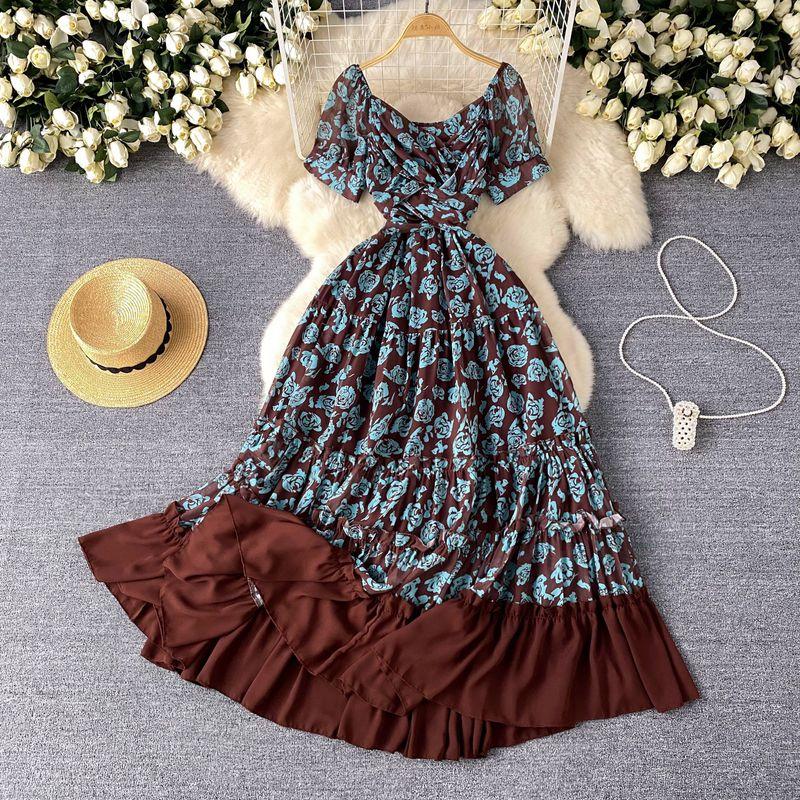 Tea Break French Style Fancy Floral Dress Women's Summer Stylish Waist-Tight Seaside Vacation Style Fairy Long Skirt