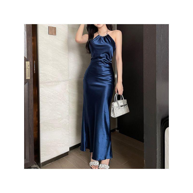 European and American Satin Temperament Backless Dress Women High Sense Birthday Banquet Blue Guest dresses Royal Sister Sheath Skirts