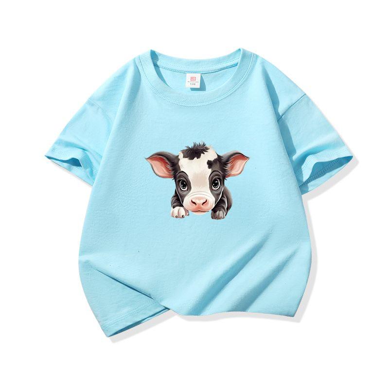 Kids Cotton T Shirt Adorable Baby Cow Peeking Print Crew Neck Short Sleeve Tee Casual Boys Girls Summer Tops
