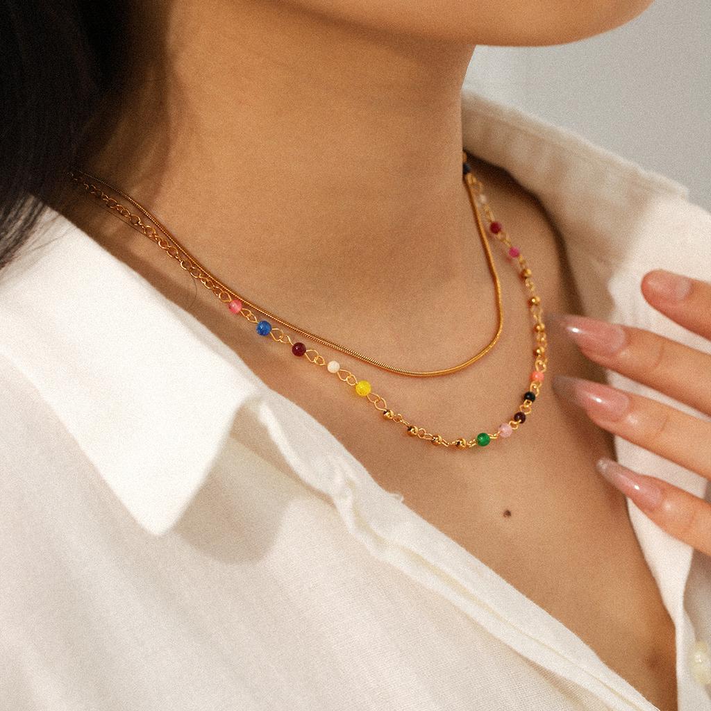 Double Layer Necklace Non-fading Neck Chain Titanium Steel Round Snake Chain Colorful Beaded Chain Bohemian Accessories