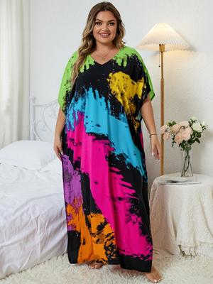 Plus Size Women Dress Kaftan Bohemian Printed V-neck Women Long Dress Classy Kaftan Vacation Swimsuit Cover-up House Robe Fresh Dress Q1342
