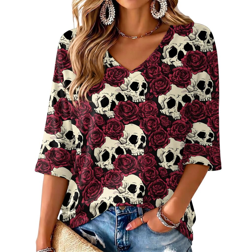 Women's V-Neck Halloween Print Lightweight Top for Spring and Summer