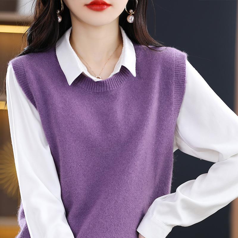 Plain Color Crew Neck Sweater Vest, Casual Versatile Sleeveless Knit Vest for Spring & Fall, Women's Clothing