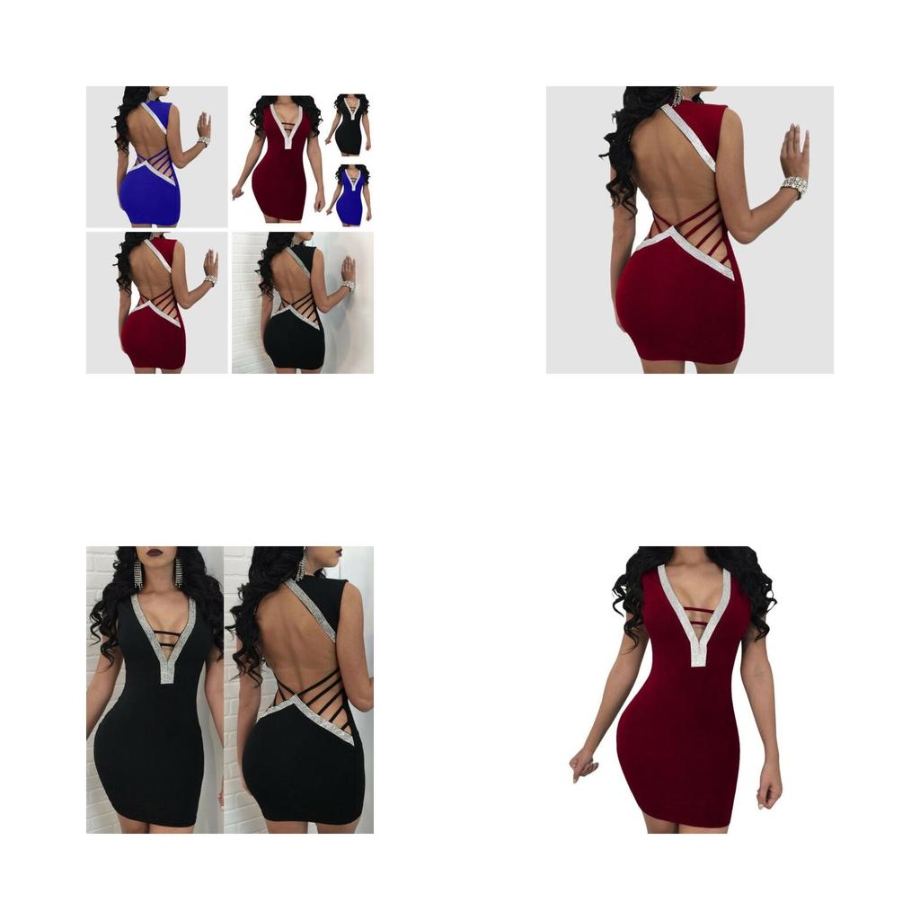 Stunning Women Sexy Deep V Rhinestone Backless Mini Dress For Special Events