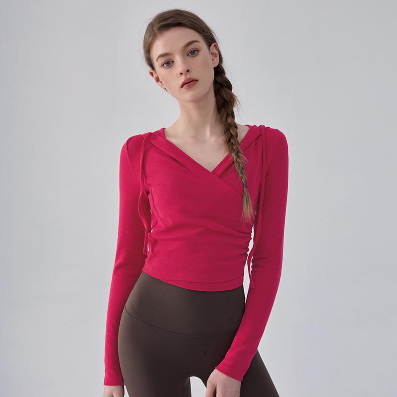 Women's Hooded Slim-Fit V-Neck Yoga Suit - Autumn & Winter Long-Sleeved Fitness Top for Running & Pilates