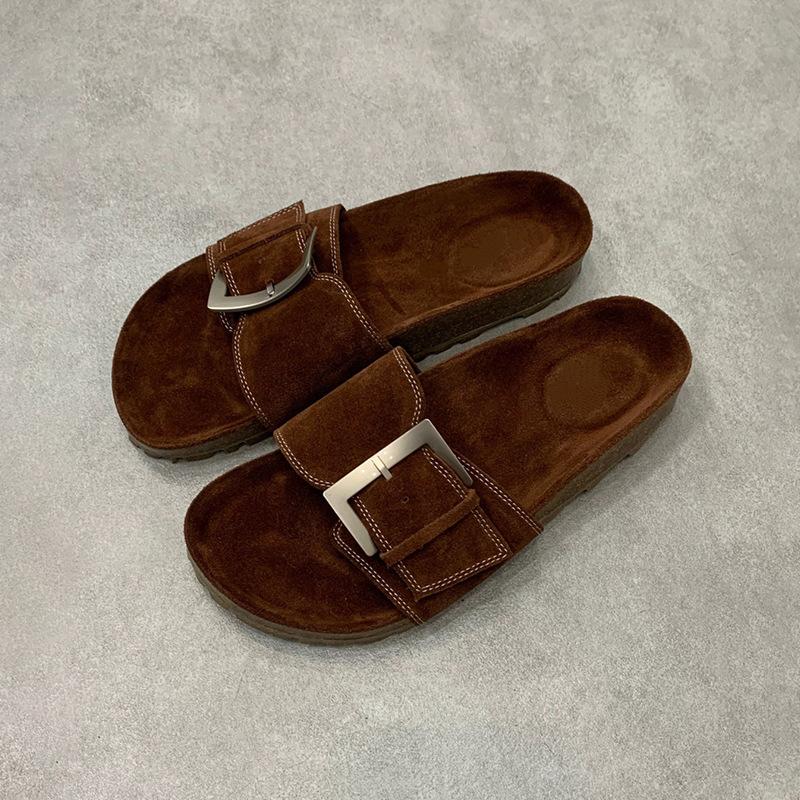 Cowhide version~ niche summer new retro leather big buckle one-word slippers women open-toed thick-bottomed Birkenstock sandals women
