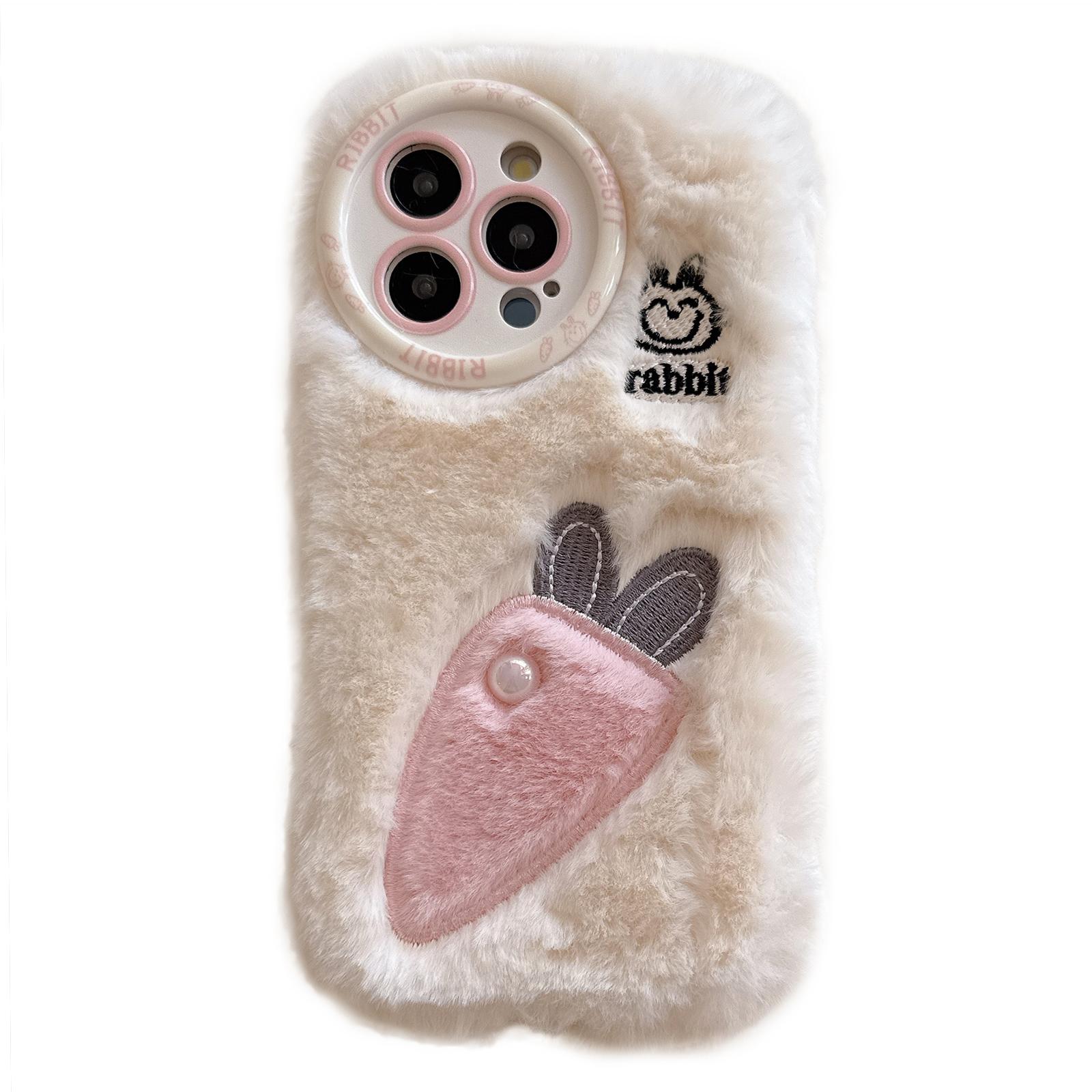 

For iPhone 16 Pro Max Case Embroidery Carrot Rabbit Pearl Accents Furry TPU Phone Cover White