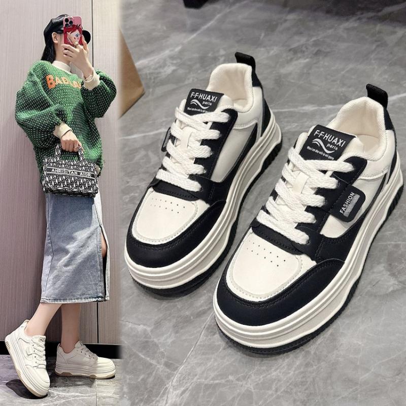 2025 Neue Leder Damen Schwarz Weiß Lässige Damen Vulkanisierte Sneakers Atmungsaktiv Sport Walking Laufen Plateau Flats Schuhe