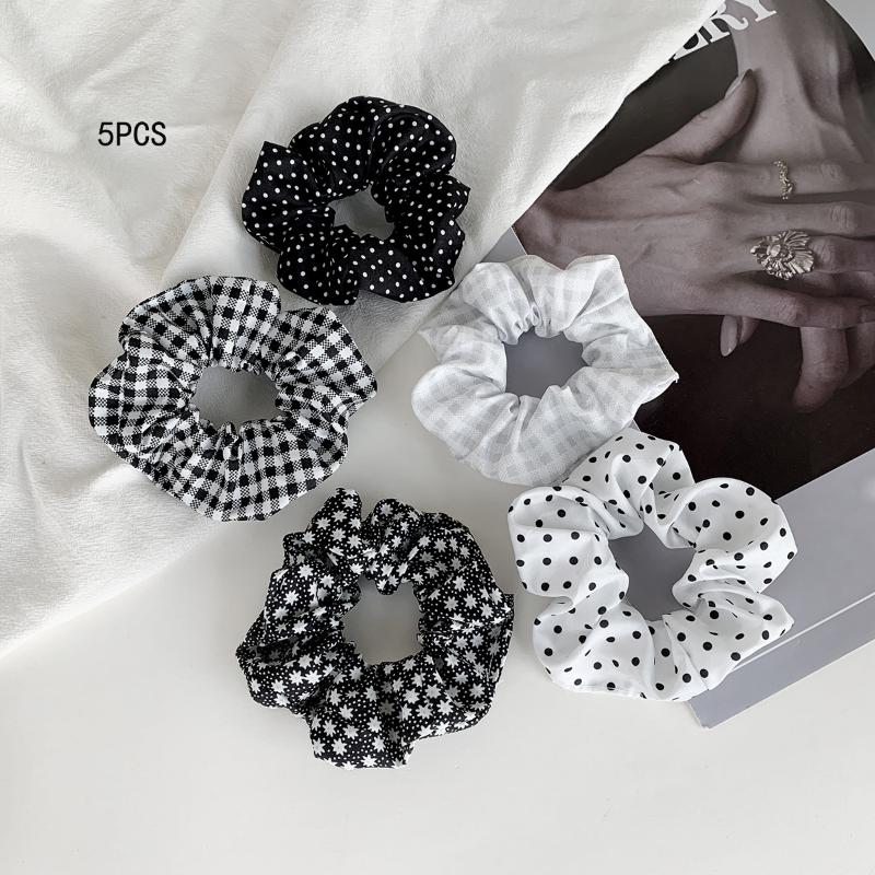 

5Pcs Polka Dot Hair Ties Elegant Cute Fabric Scrunchies With Flower Prints Sweet Floral Dot Hair Bands Academy Style For Ages as the picture