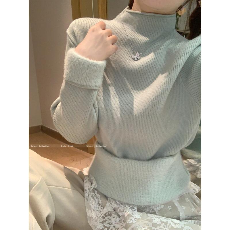 Semi-turtleneck Knitted Sweater Women's Spring Fleece Thickened Inner Backing Top Basic Casual Versatile Sweater