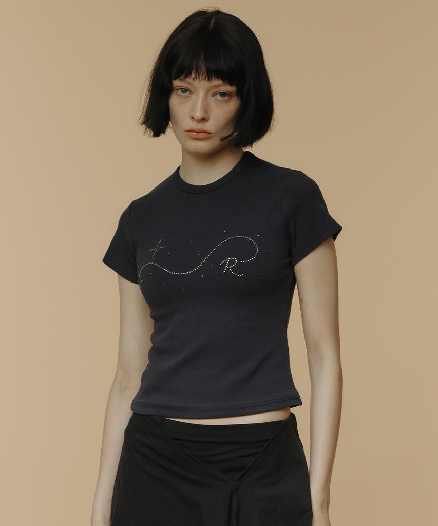 Lomaentinueo Signature R Wave Crop Cotton T-Shirt (Navy)