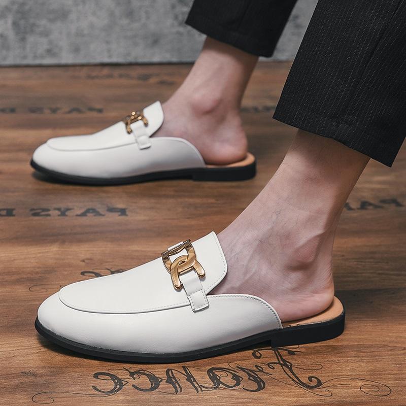 New Men Black White Metal Button Half Slippers Driving Shoes Male Casual Mules Moccasins Breathable Loafers Zapatos Hombre
