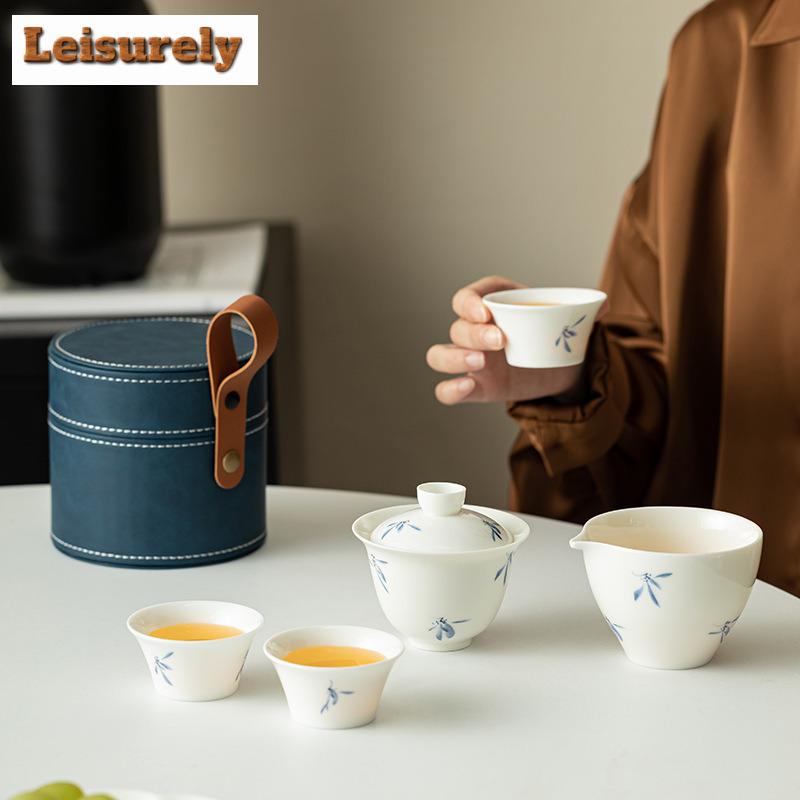 Ręcznie Rysowany Zestaw do Herbaty Orchidea Motylkowa Zen 1 Czarka 3 Filiżanki Czajnik do Herbaty Zestaw do Herbaty Przenośny Podróżny Skórzana Torebka Ręczna Chiński Zestaw do Herbaty Prezent