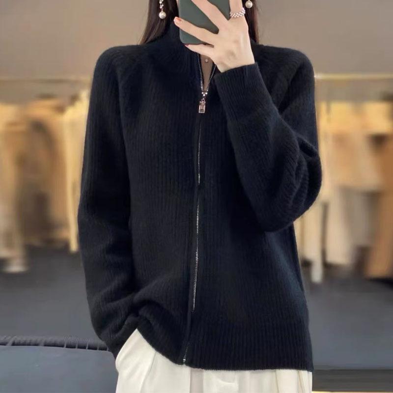 Dámský silný pletený kardigan na zip - Volný, ležérní styl, univerzální svetr z umělé vlny